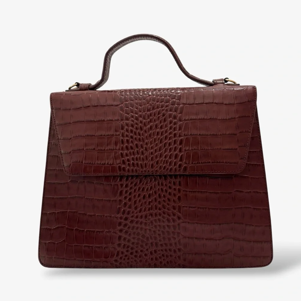 Vegan Crocodile Embossed Top Handle Handbag, Dark Chestnut, Nordstrom Collection - Picture 4 of 8
